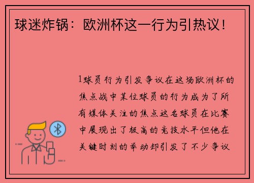 球迷炸锅：欧洲杯这一行为引热议！